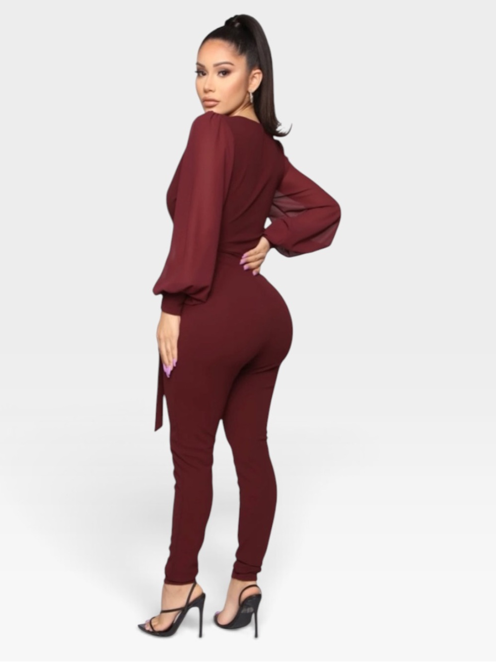 Fashion Nova Wine Wrap Jumpsuit with Sheer Bishop Sleeves - Picture 2 of 4